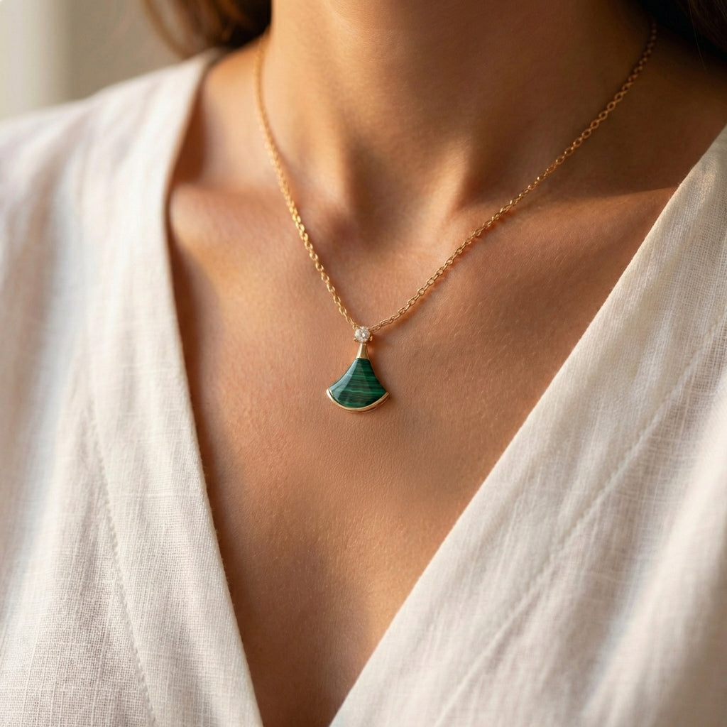 Yellow Gold Charm Necklace with Cabochon Cut Malachite Pendant