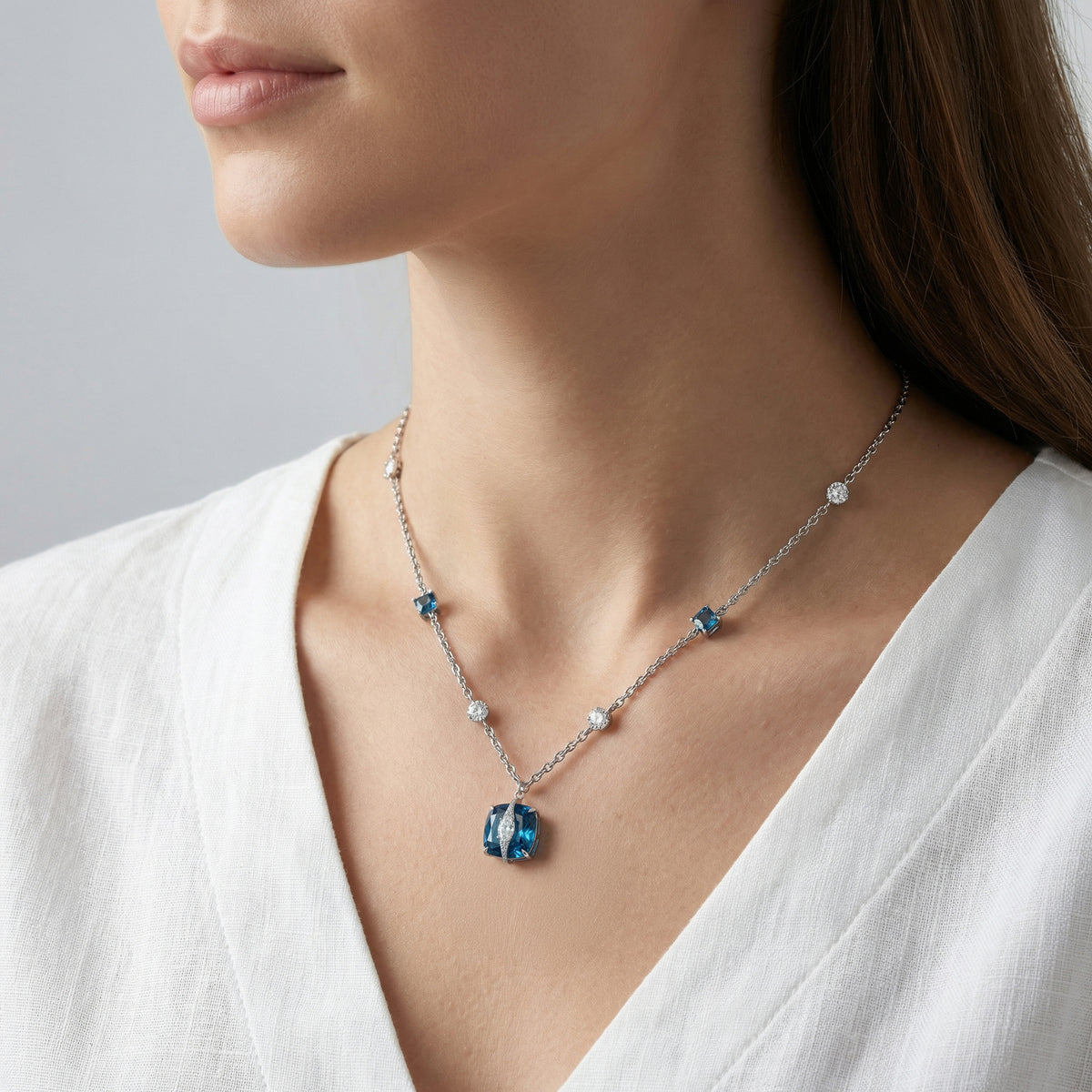Embrace Pave Necklace with Blue Cushion Stone – on White Gold