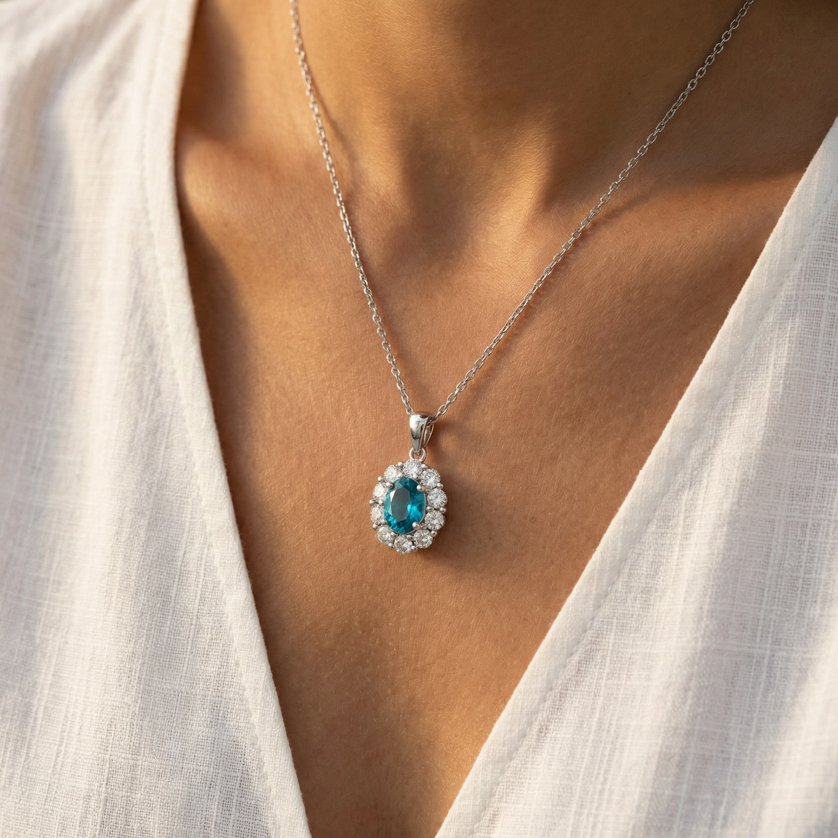 Peacock Blue Sapphire Oval Charm Necklace in White Gold Finish Silver