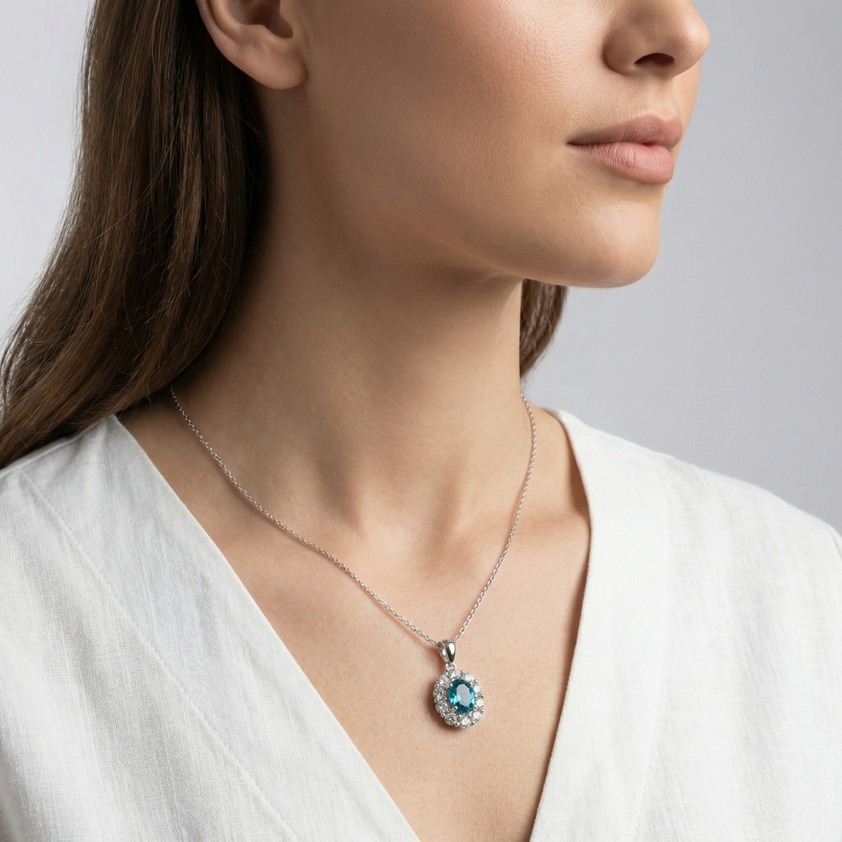 Peacock Blue Sapphire Oval Charm Necklace in White Gold Finish Silver