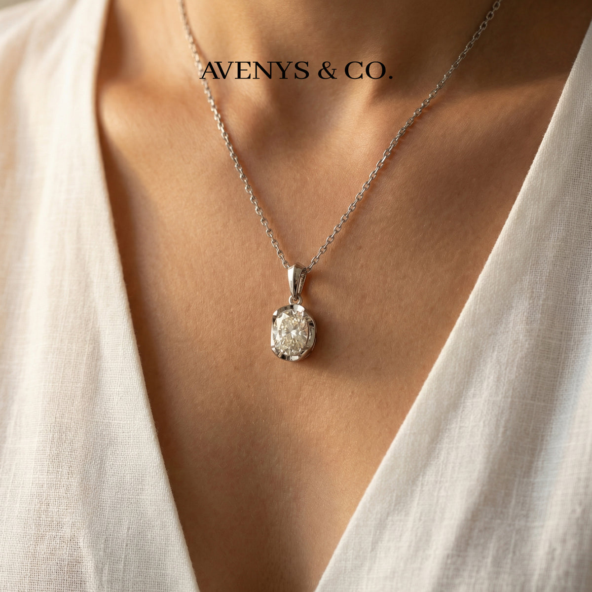 Platinum White Gold Oval Cut Diamond Solitaire Pendant Necklace