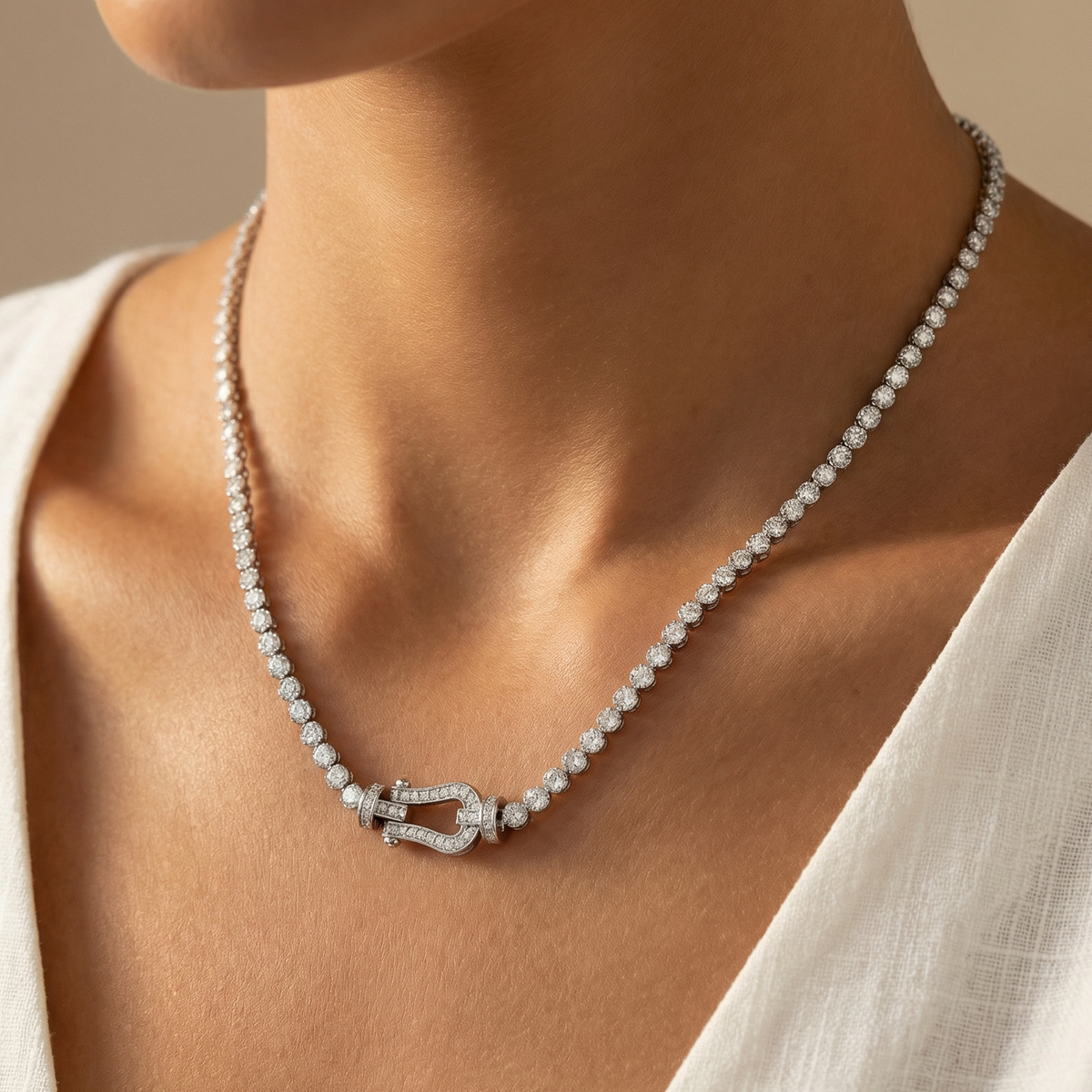 Horseshoe Tennis Necklace with White Round Stone – on White Gold