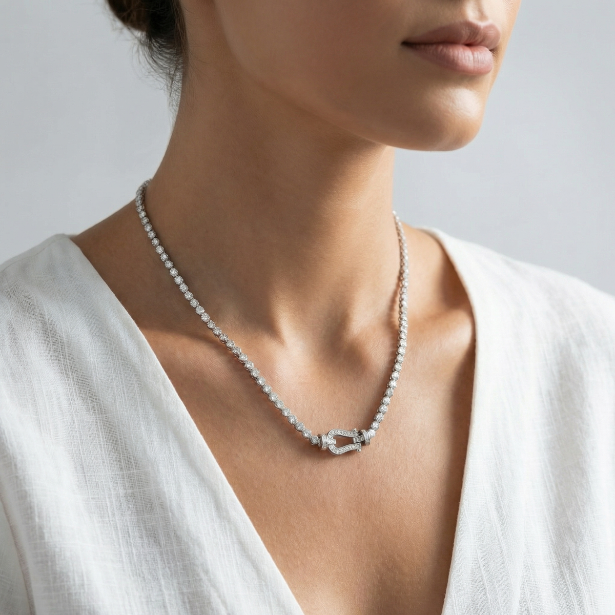 Horseshoe Tennis Necklace with White Round Stone – on White Gold