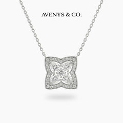 Lotus Small Necklace with White Round Stone – on White Gold