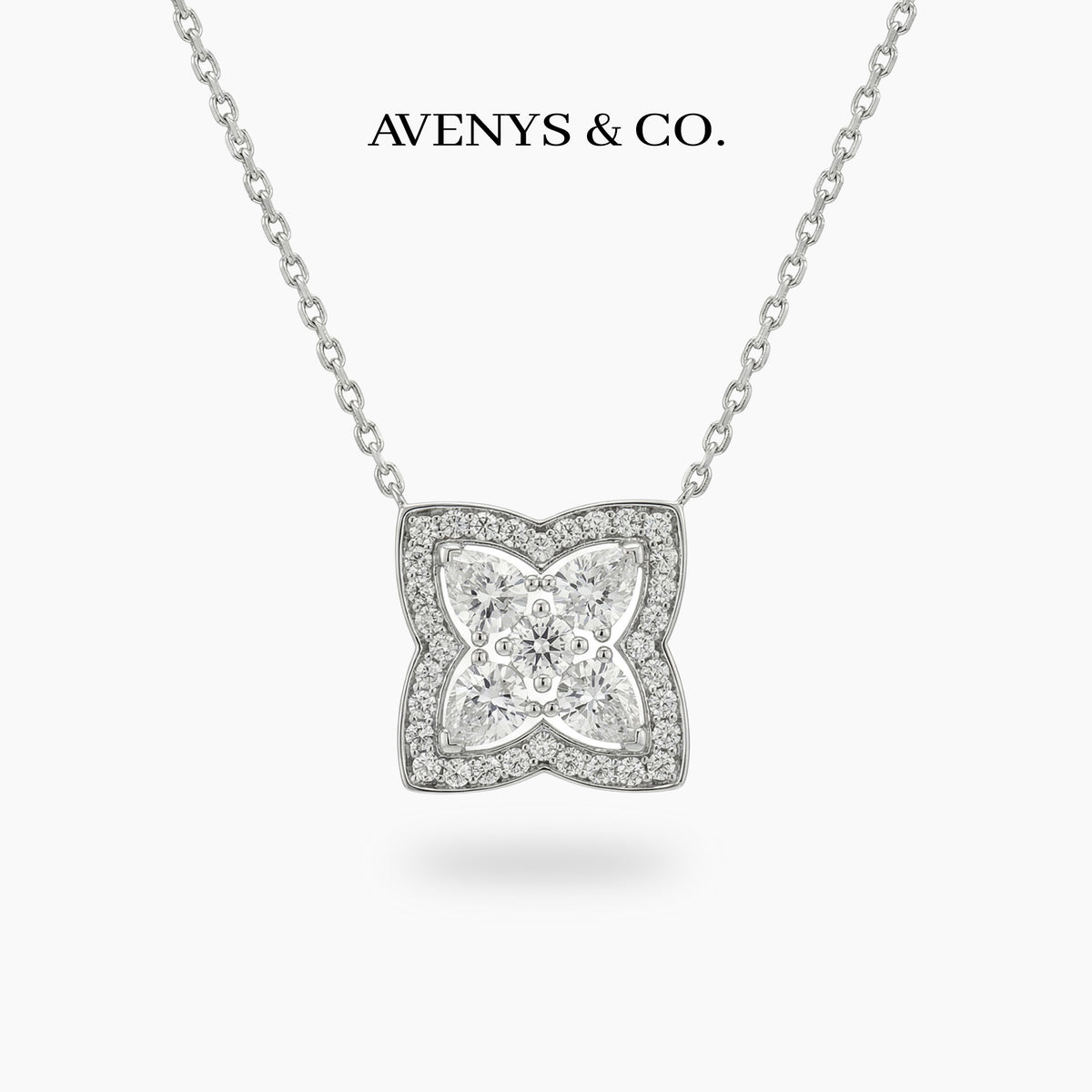 Lotus Small Necklace with White Round Stone – on White Gold