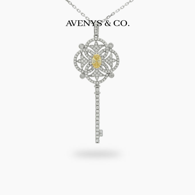 Key Necklace with White Round Stone – on White Gold