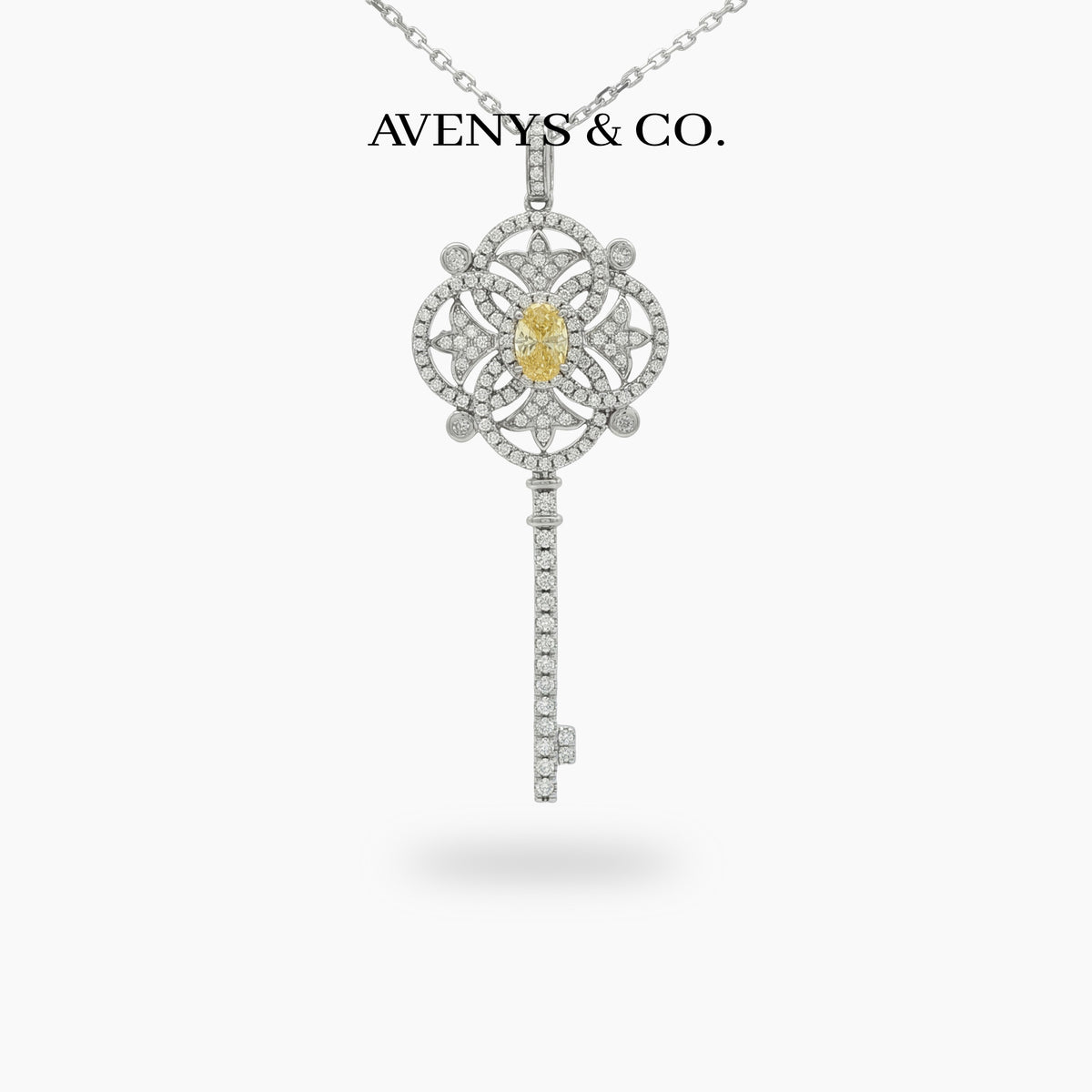 Key Necklace with White Round Stone – on White Gold