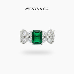 Emerald Marquis Ring with Green Emerald Stone – on White Gold