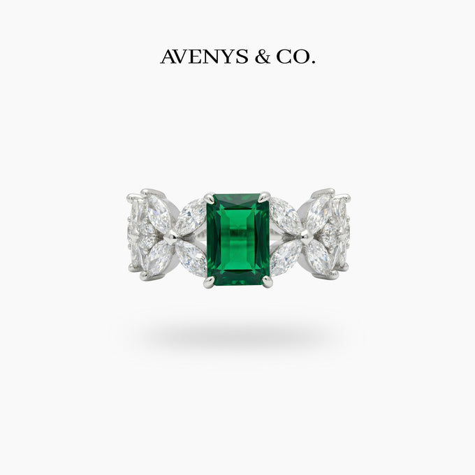 Emerald Marquis Ring with Green Emerald Stone – on White Gold