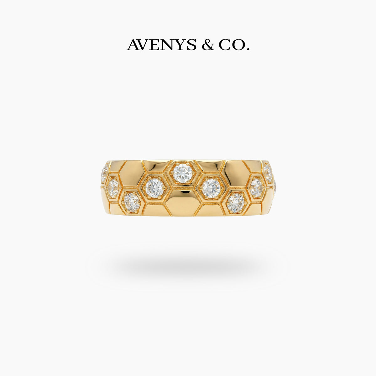 Honeycomb Wide Ring with White Round Stone – on Yellow Gold