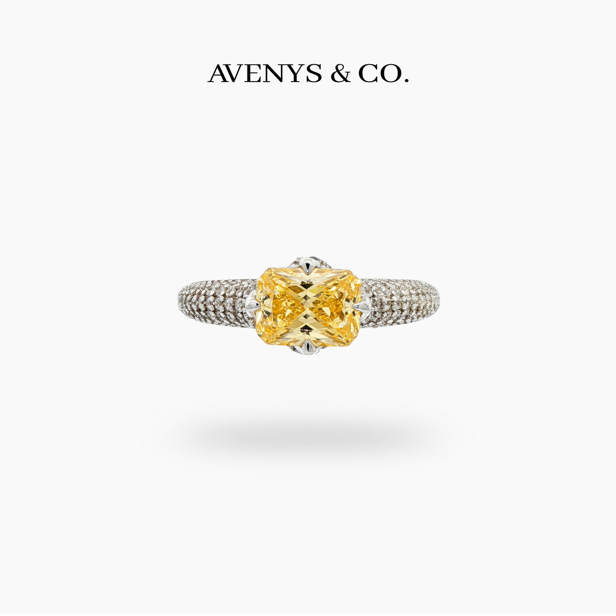 Radiant Horizon Pave Ring with Yellow Radiant Stone – on White Gold