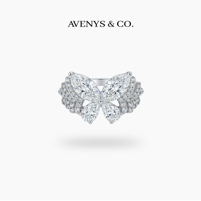 Butterfly Pave Ring with White Marquise Stone – on White Gold