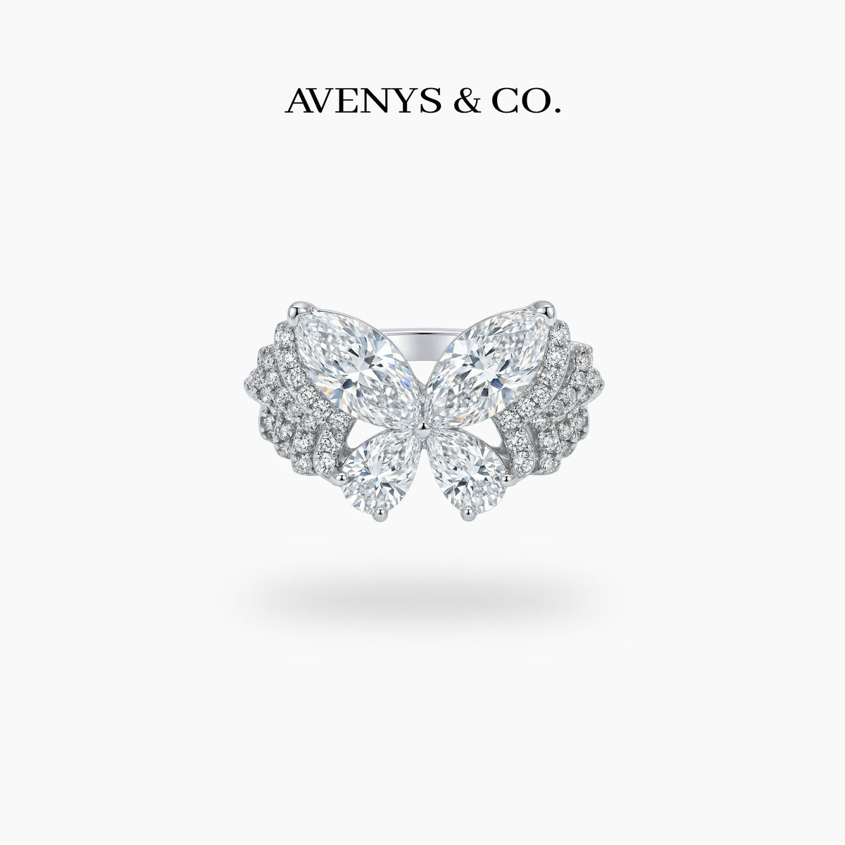 Butterfly Pave Ring with White Marquise Stone – on White Gold