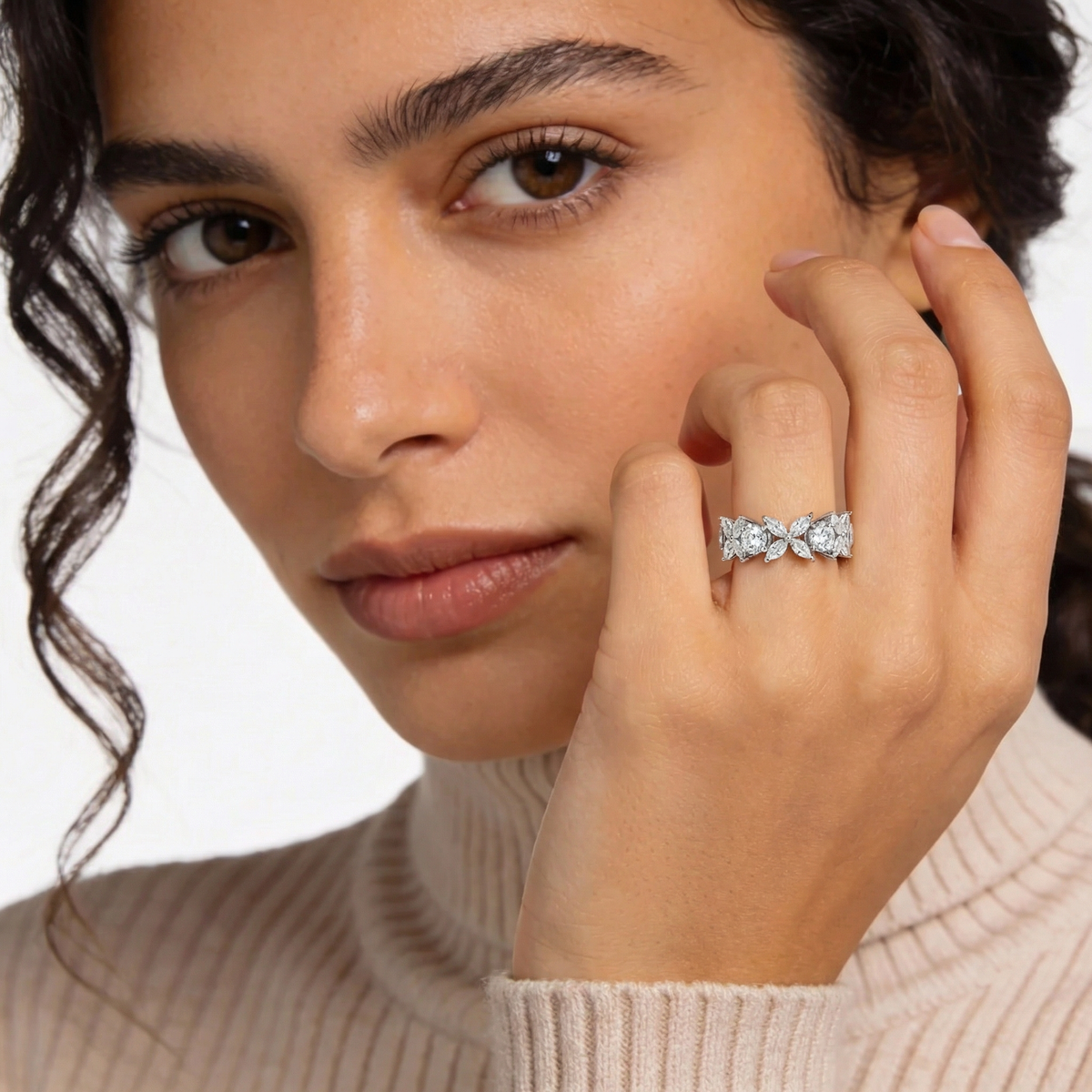 Star Eternity Ring  with White Marquise Stone – on White Gold