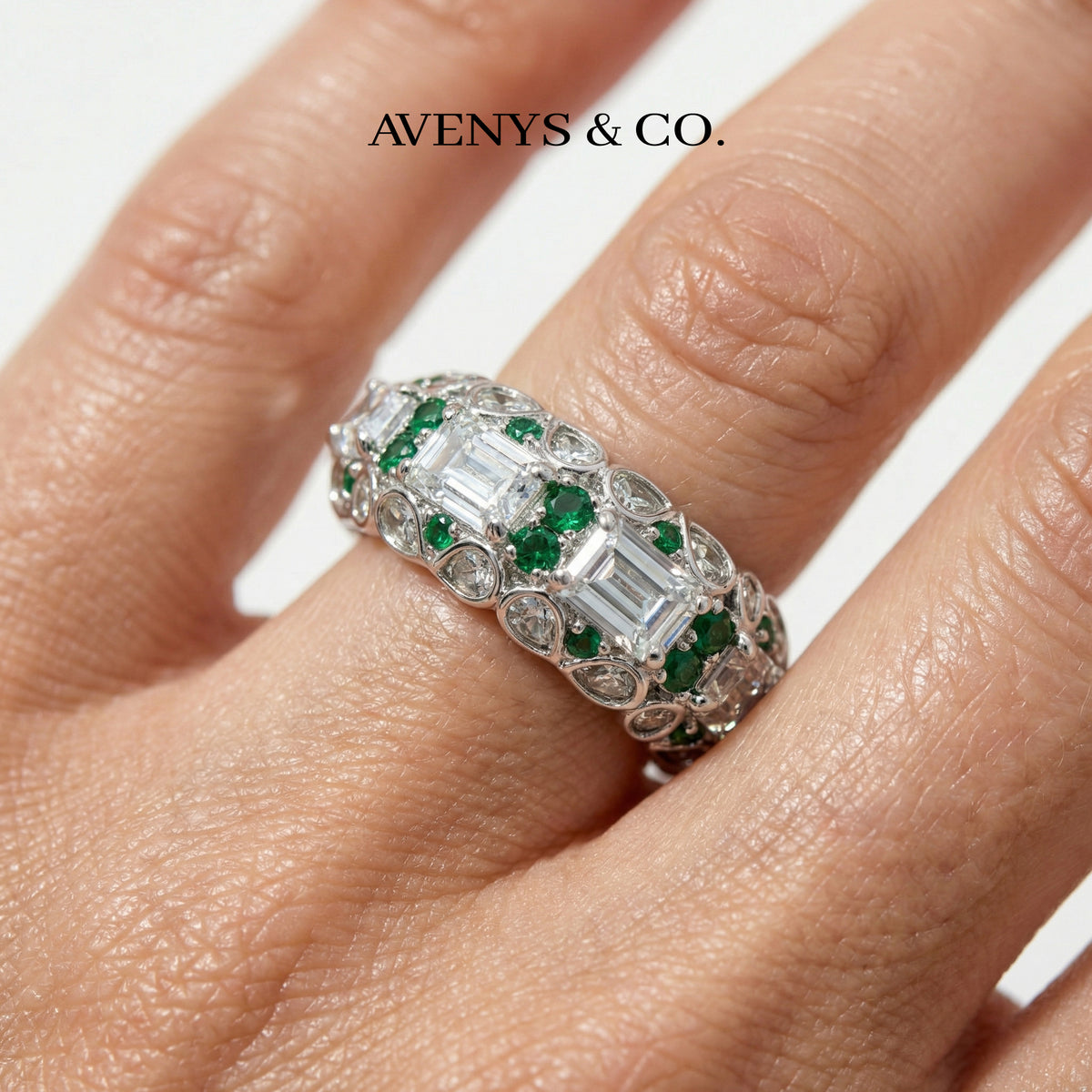 Greenfire Ring with White Emerald Stone – on White Gold