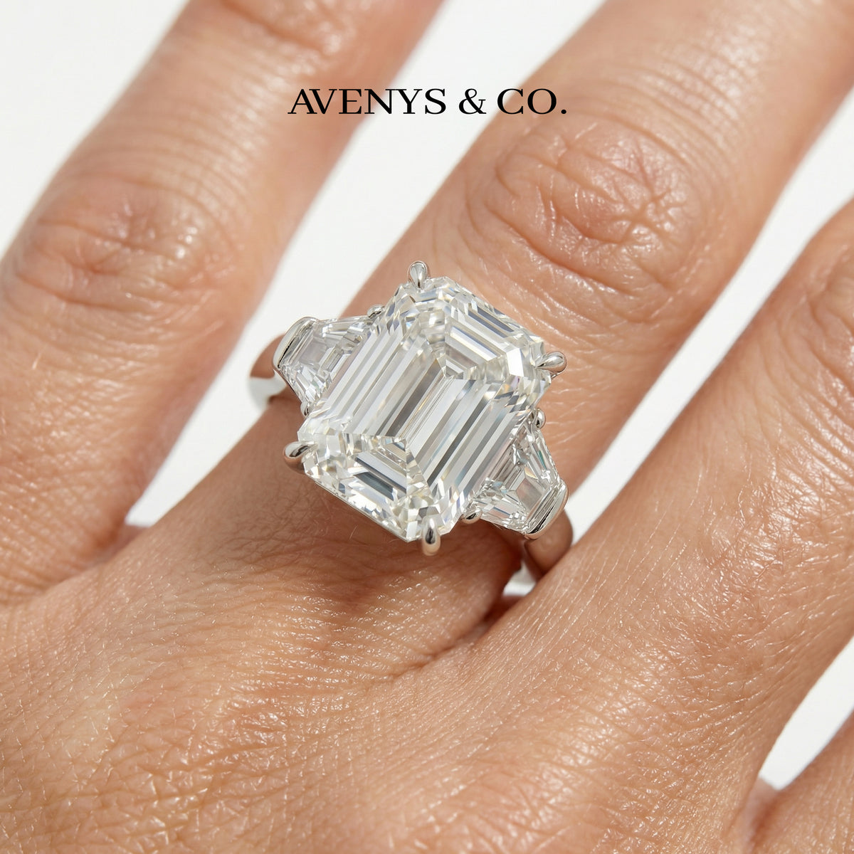 Trilogy Ring with White Emerald Stone – on White Gold