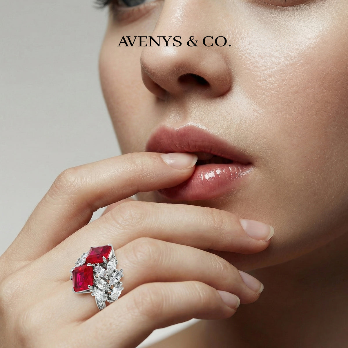 Offset Cluster Ring with Avenys Signature™ Square Emerald Pigeon Blood Ruby – on White Gold