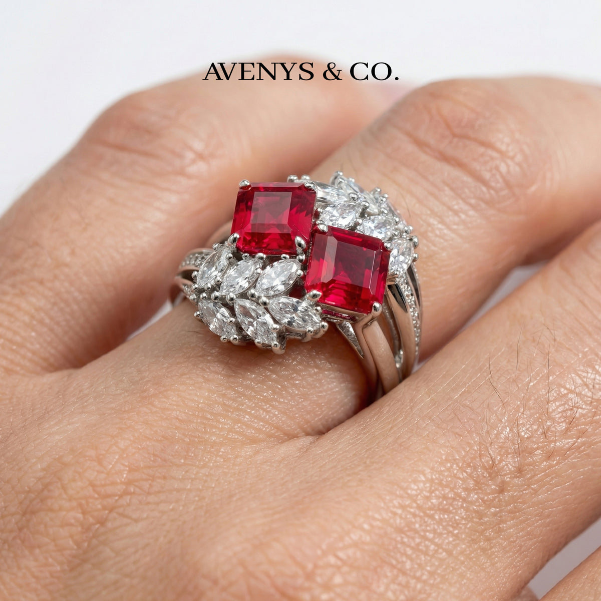 Offset Cluster Ring with Avenys Signature™ Square Emerald Pigeon Blood Ruby – on White Gold