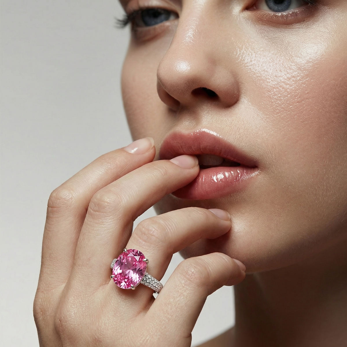 Oval Pave Ring with Pink Oval Stone – on White Gold