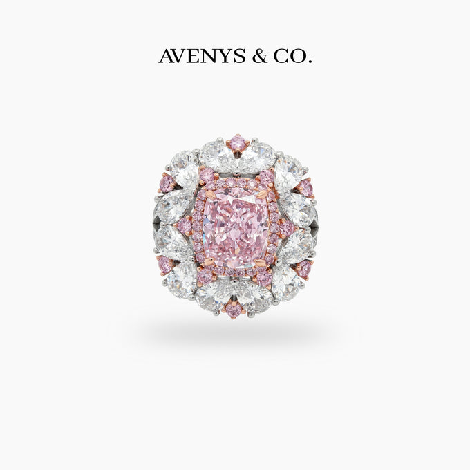 Royal Flower Halo Ring with Pink Cushion Stone – on White Gold