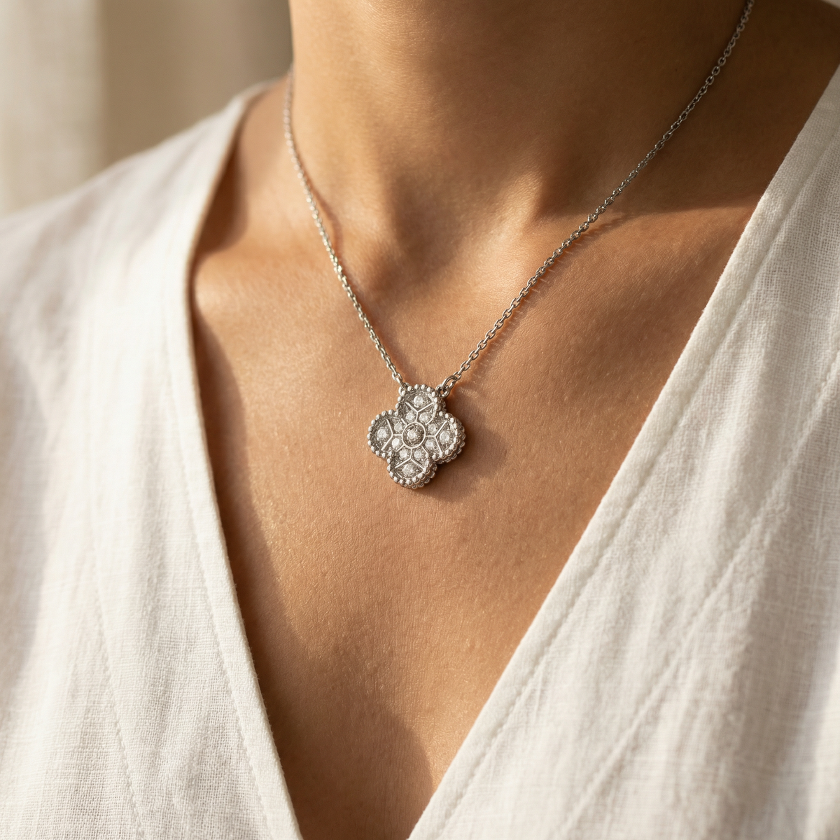 White Gold over Silver Clover Diamond Pendant Necklace