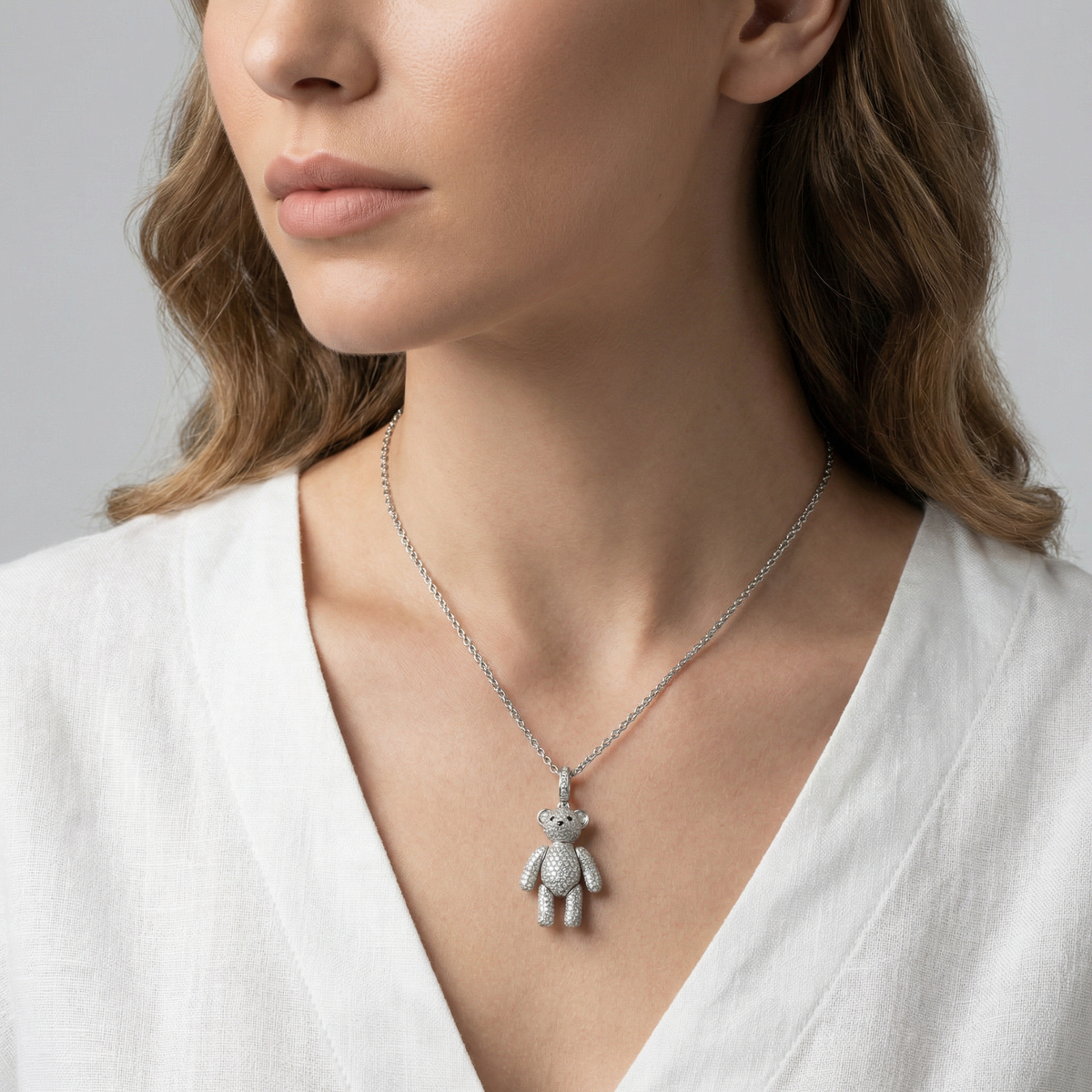 White Gold Diamond Teddy Bear Charm Necklace