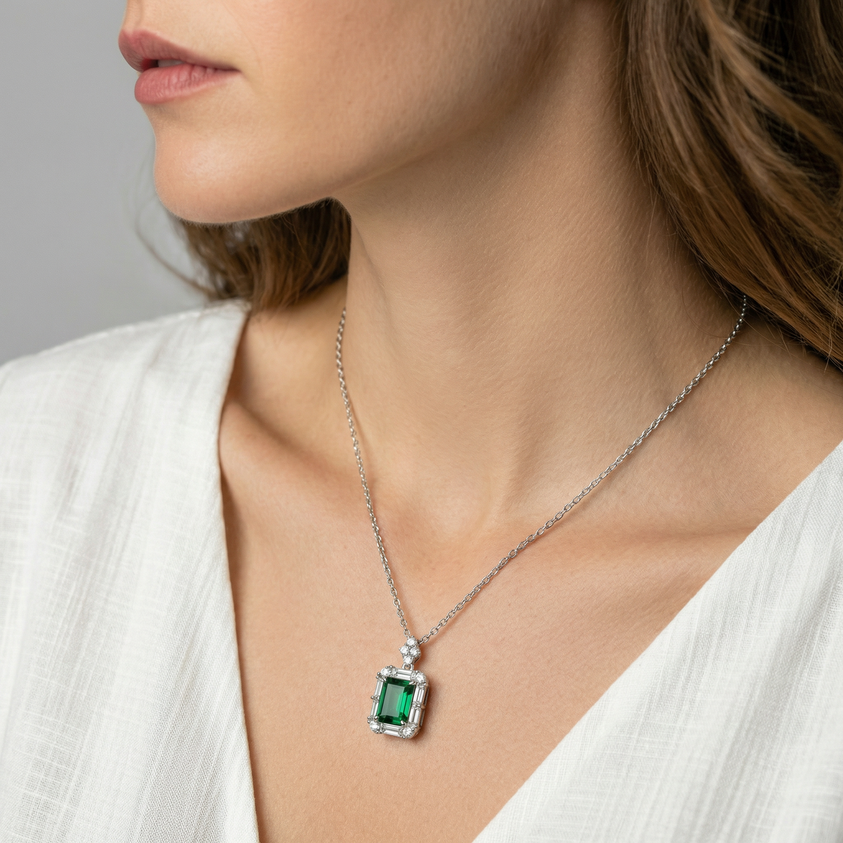 Eden Pendant Necklace with Green Emerald Stone – on White Gold