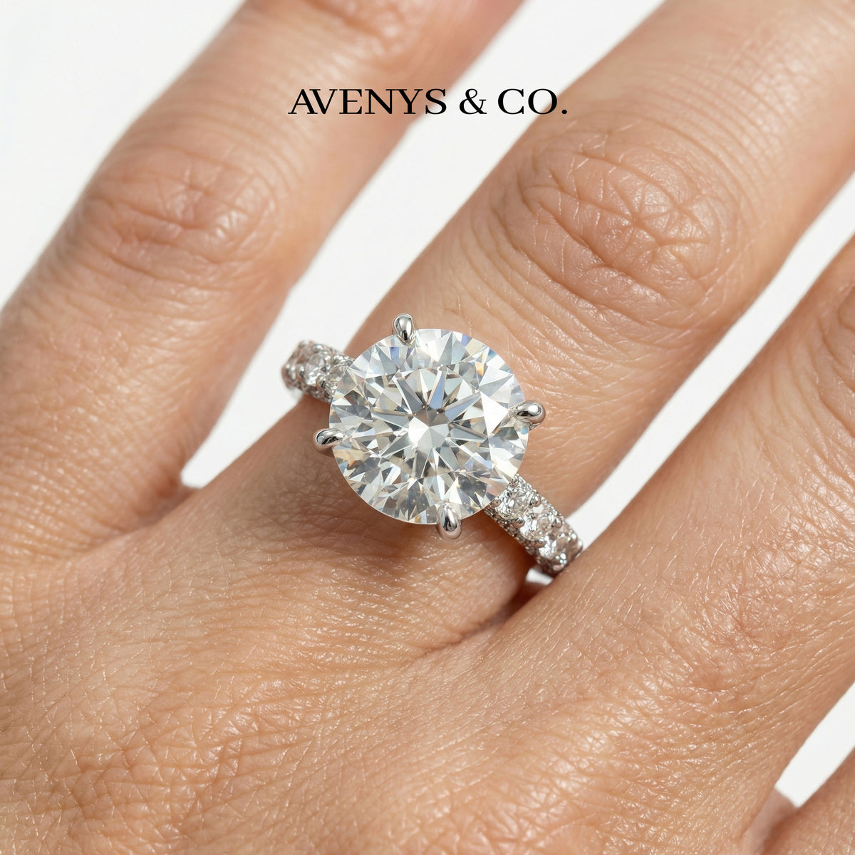 Round Stone Half Pave Ring with White Round Stone – on White Gold