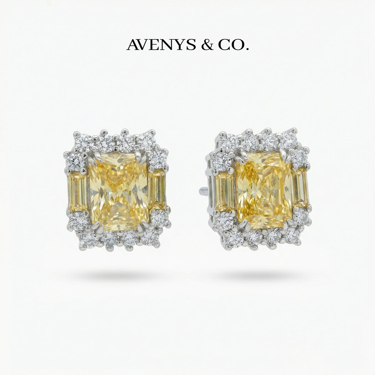 Sunshine Halo Earrings with Yellow Radiant Stone – on White Gold