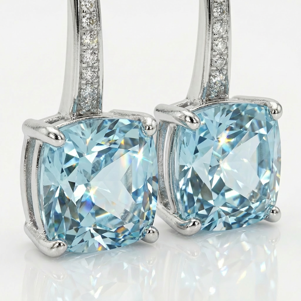 Princess Drop Earring with Aquamarine Princess Stone – on White Gold