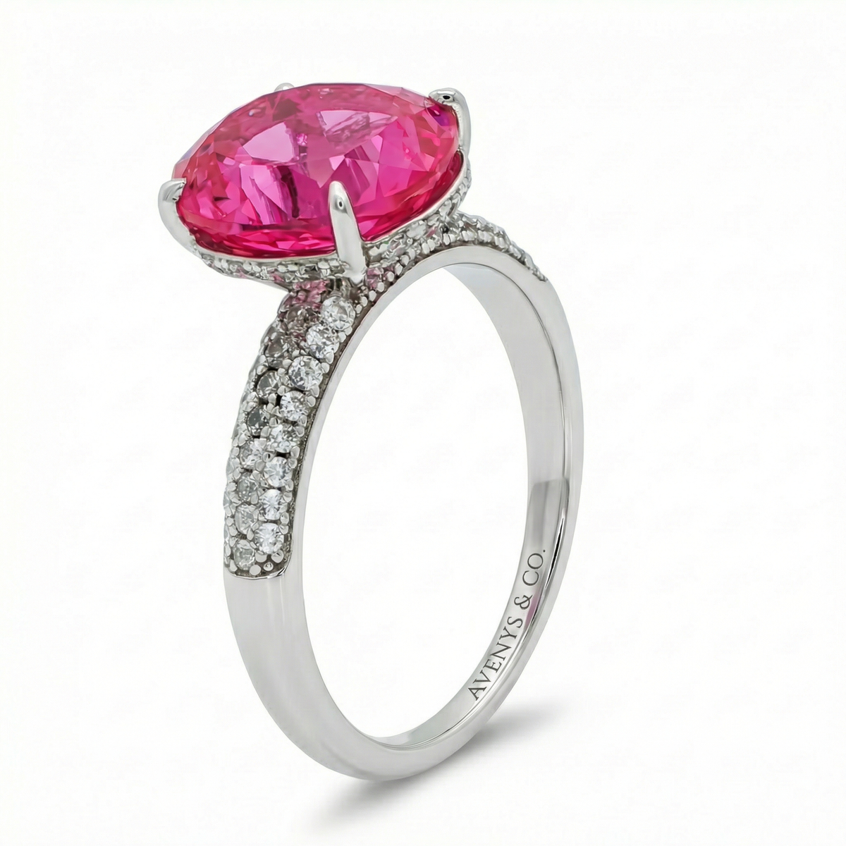 Oval Pave Ring with Pink Oval Stone – on White Gold
