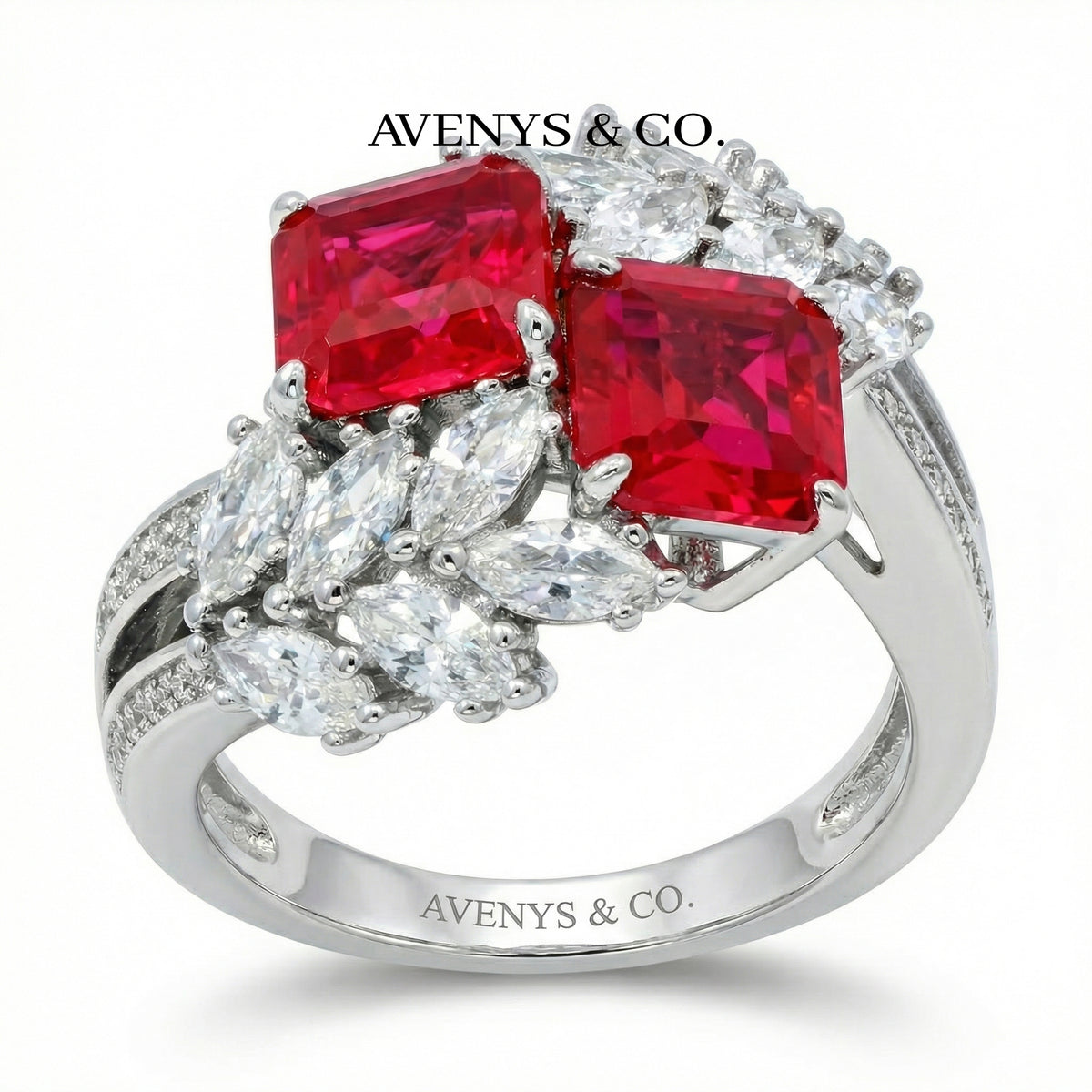 Offset Cluster Ring with Avenys Signature™ Square Emerald Pigeon Blood Ruby – on White Gold