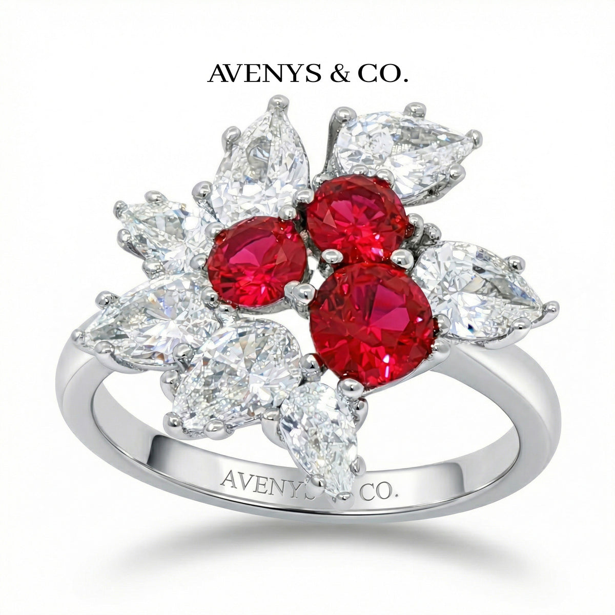 Cherry Cluster Ring with Red Round Stone – on White Gold
