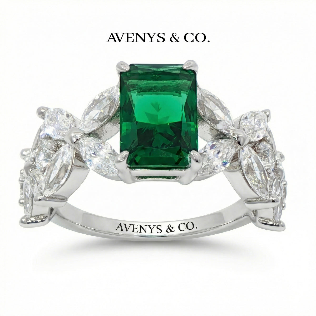 Emerald Marquis Ring with Green Emerald Stone – on White Gold