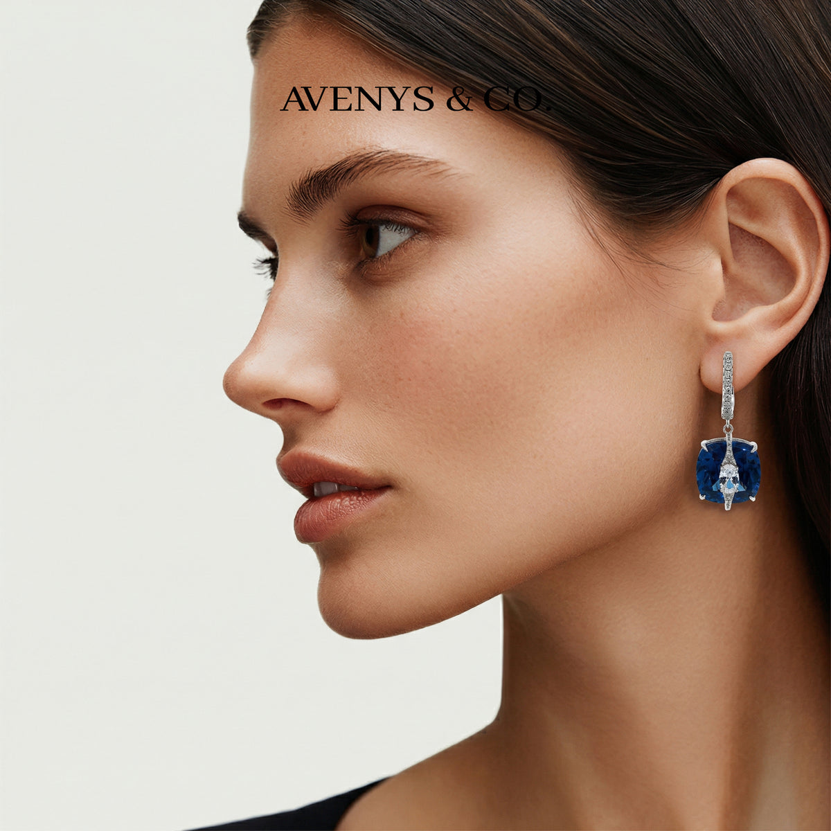 Embrace Pave Earrings with Blue Cushion Stone – on White Gold