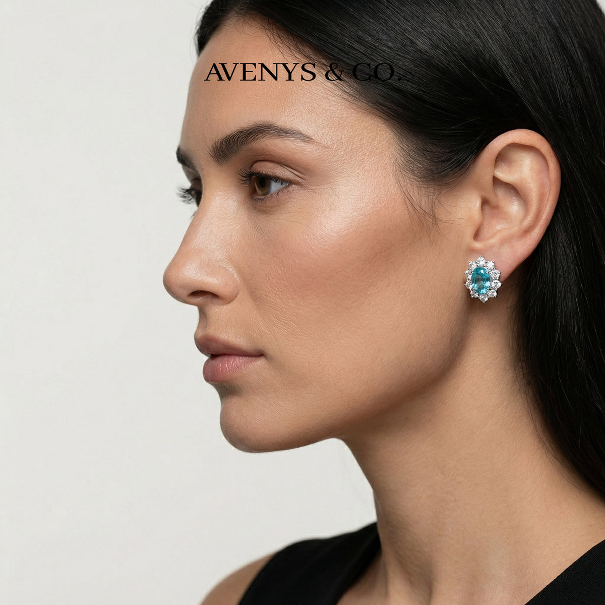 Bloom Halo Earrings with Paraiba Oval Stone – on White Gold