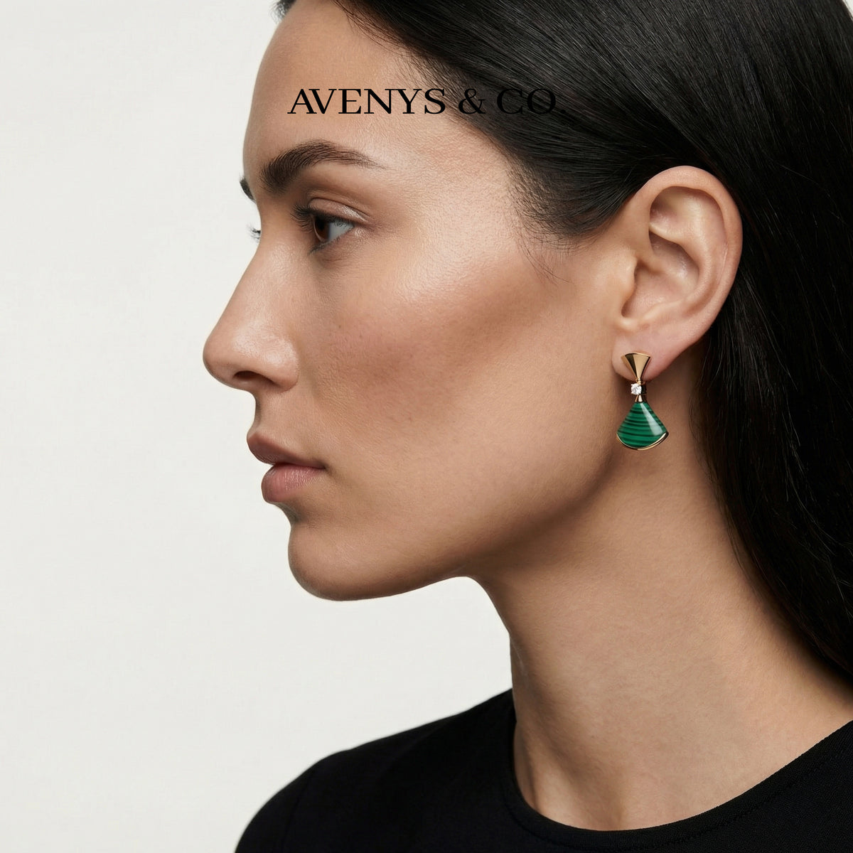 Fan Malachite Earrings with White Round Stone – on Yellow Gold