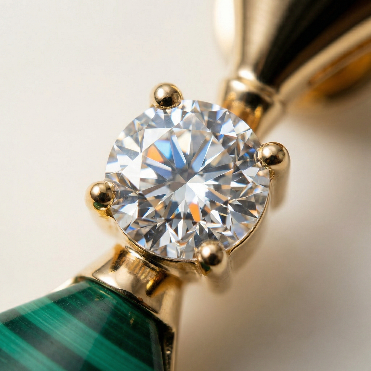 Fan Malachite Earrings with White Round Stone – on Yellow Gold