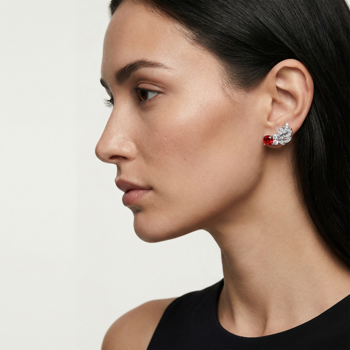 Red Wings Earrings with Red Cushion Stone – on White Gold