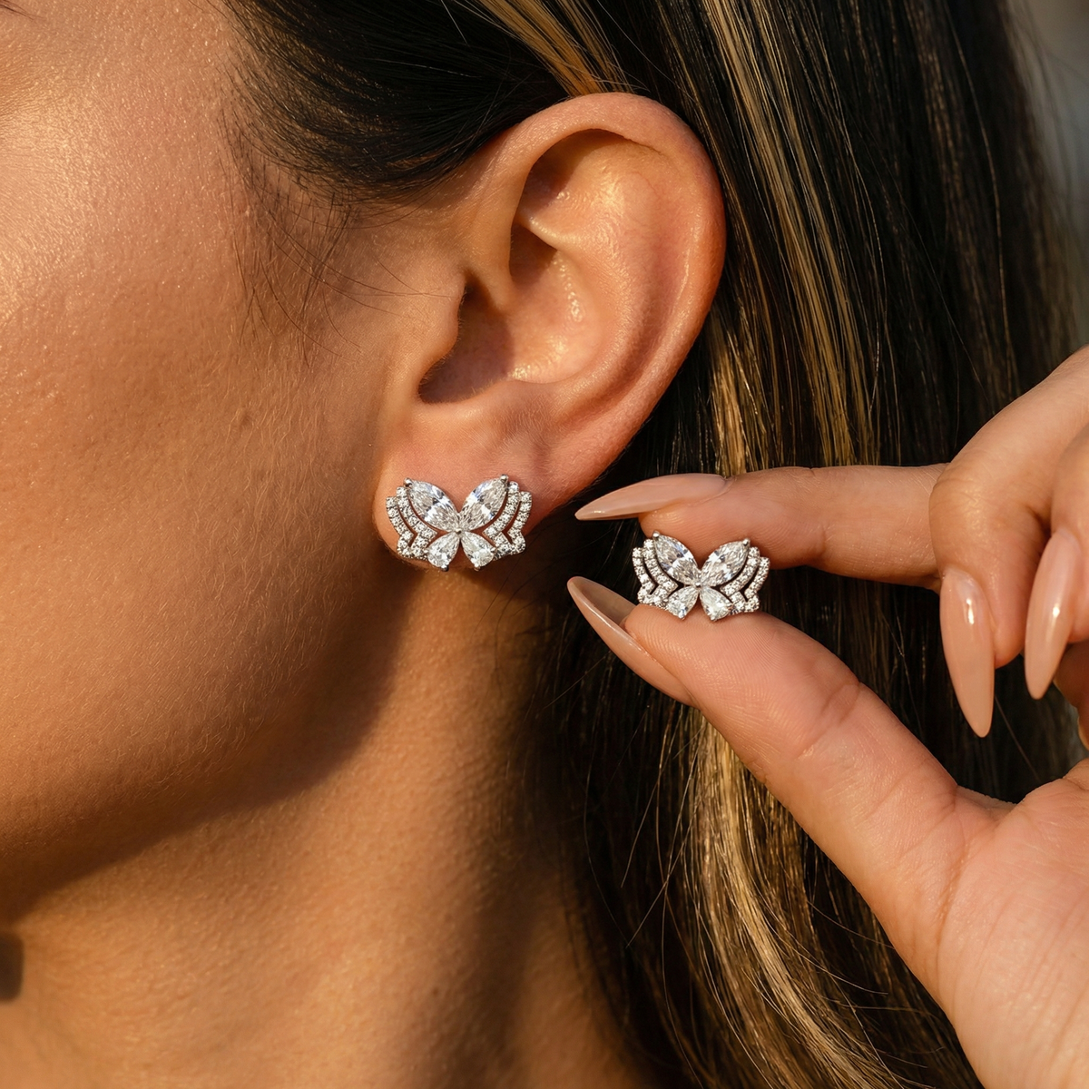 Butterfly Wide Earings with White Marquise Stone – on White Gold