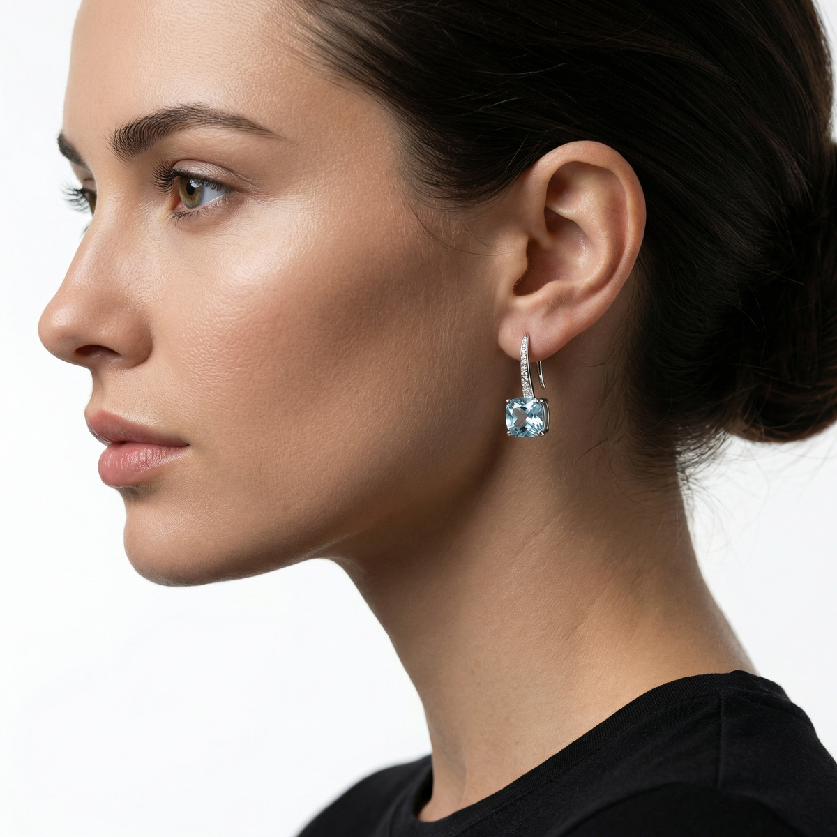 Princess Drop Earring with Aquamarine Princess Stone – on White Gold