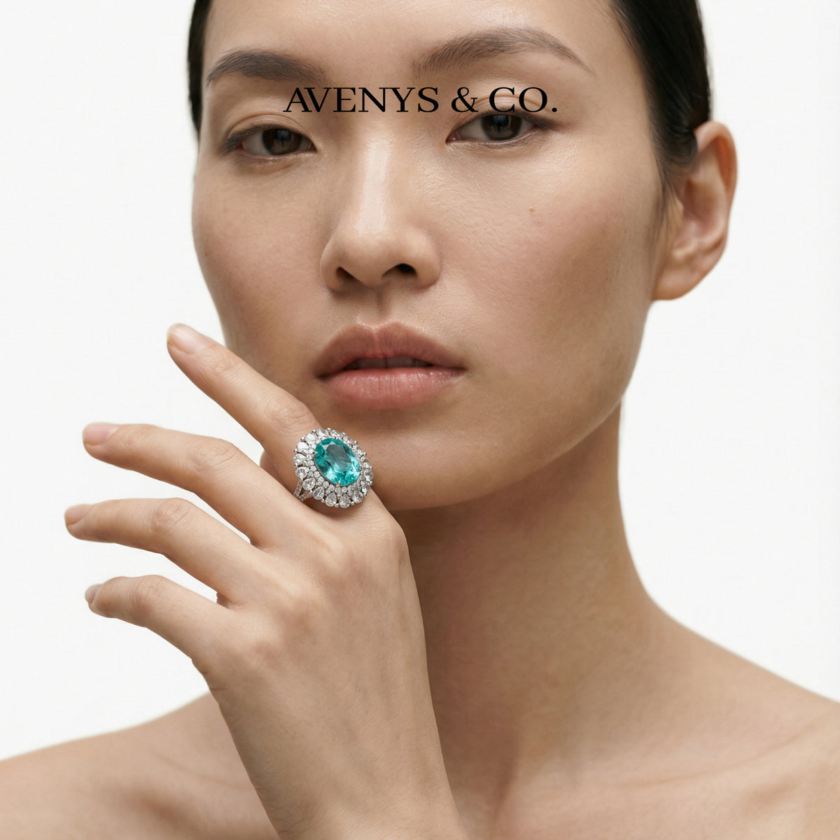 Seafoam Halo Ring with Paraiba Oval Stone – on White Gold