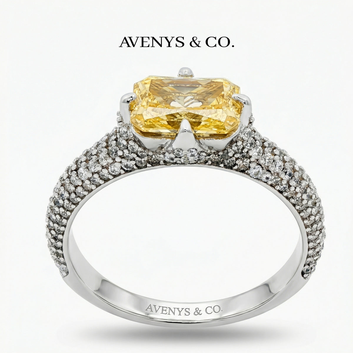Radiant Horizon Pave Ring with Yellow Radiant Stone – on White Gold