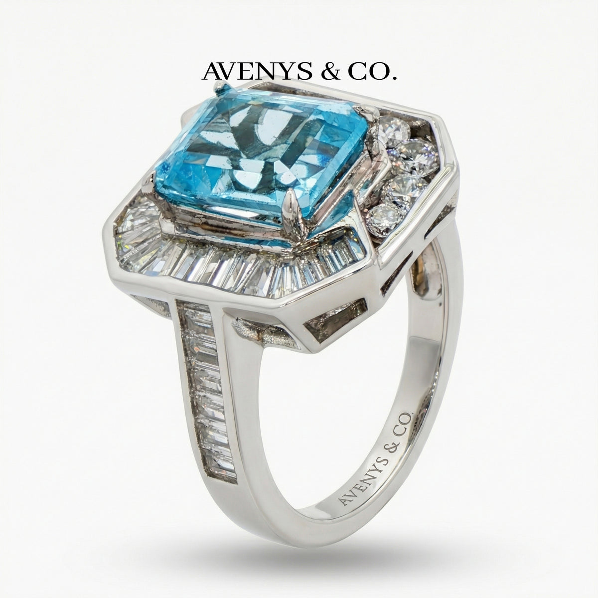 Emerald Frame Ring with Aquamarine Emerald Stone – on White Gold