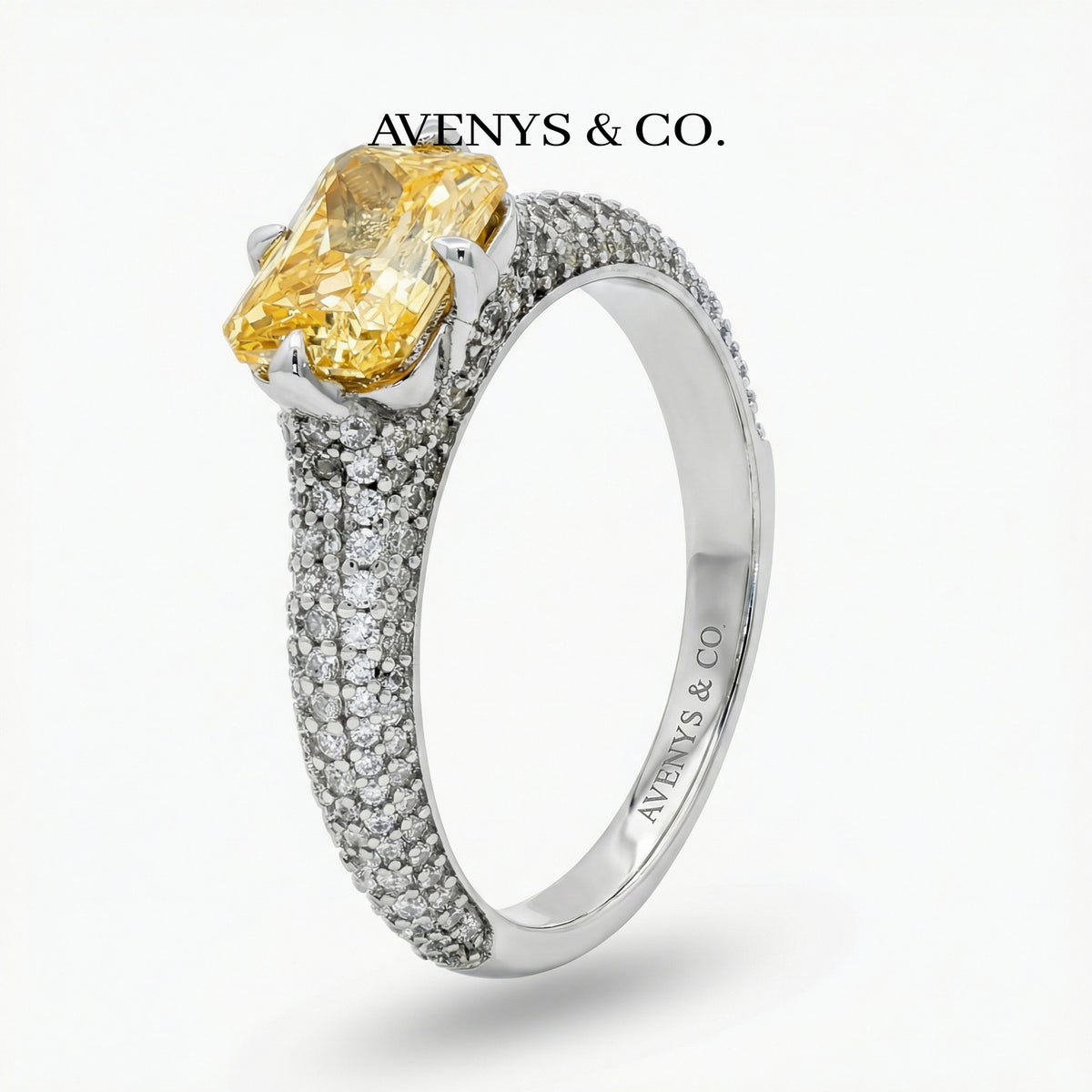 Radiant Horizon Pave Ring with Yellow Radiant Stone – on White Gold