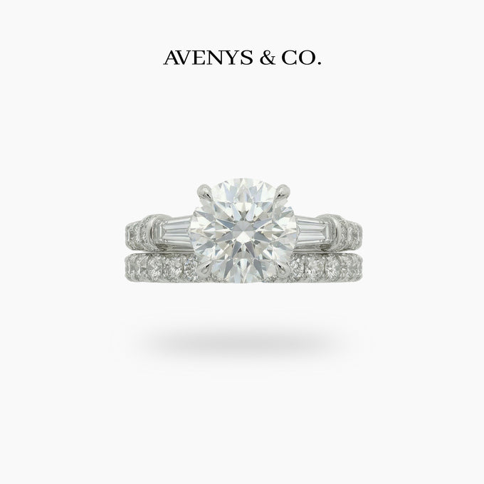 Trilogy Pave Solitaire Ring with Stacking Band with White Round Stone – on White Gold