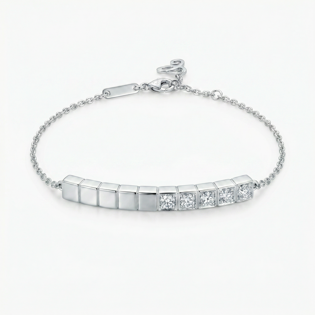 Square Line Bracelet with White Round Stone – on White Gold