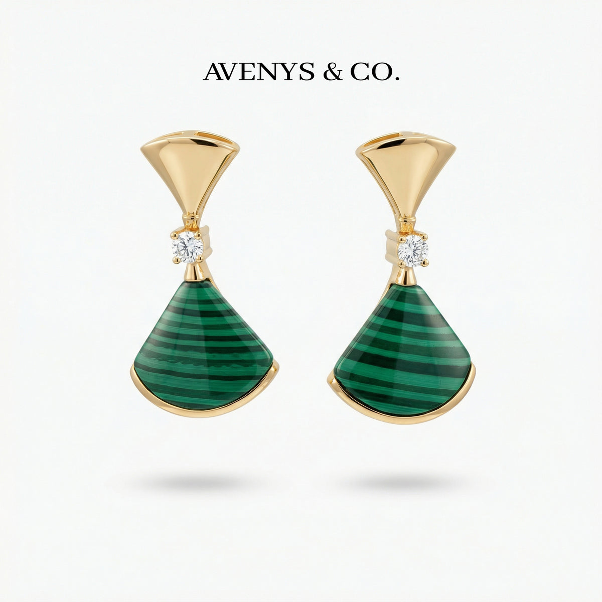 Fan Malachite Earrings with White Round Stone – on Yellow Gold