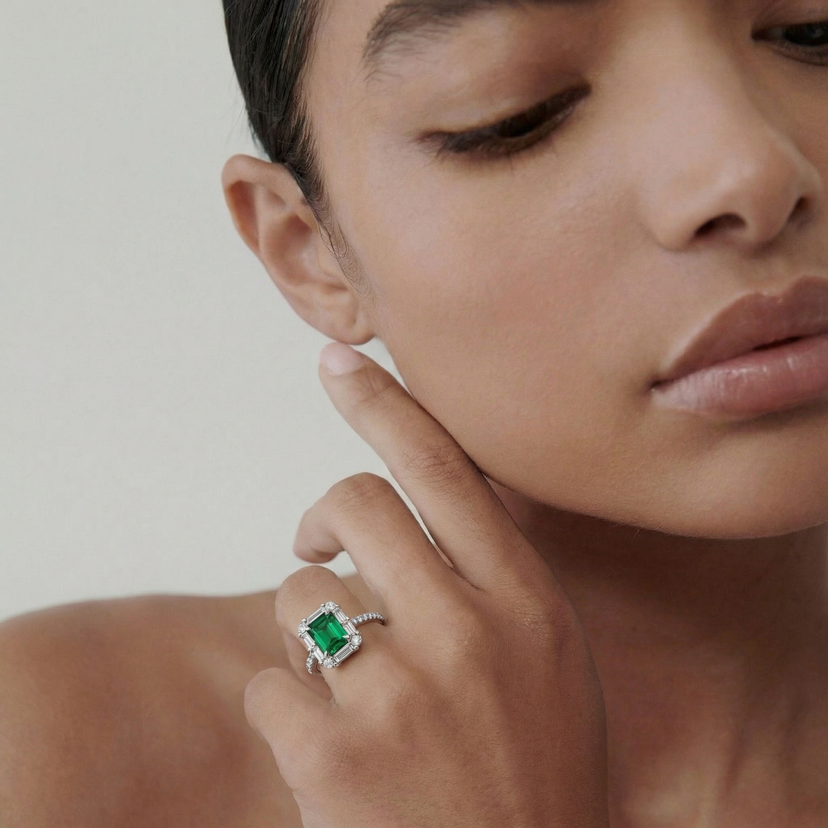 Eden Pave Ring with Green Emerald Stone – on White Gold