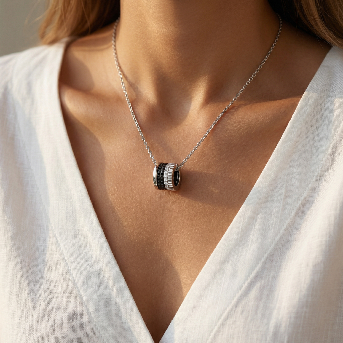 Quatre Necklace with White Round Stone – on White Gold